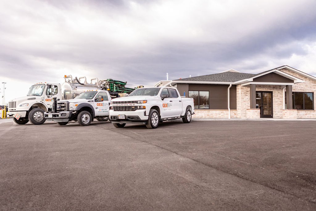 GES/EDAC building with trucks in front of it